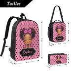 Set de sac et trousse personnalisé avec nom et dessin cartoon de fille - Cadeau d'anniversaire rentrée scolaire pour les filles