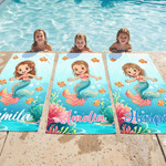 Personalized Mermaid Theme Cartoon Kid Photo Quick Dry Oversized Beach Towel with Name Summer Vacation Beach Party Birthday Gift for Kids