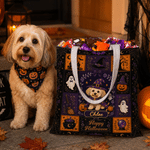 Personalised Retro Farmhouse Halloween Cartoon Pet Photo Design Tote Bag with Name and Text Trick or Treat Halloween Gift for Pet Owner Lover