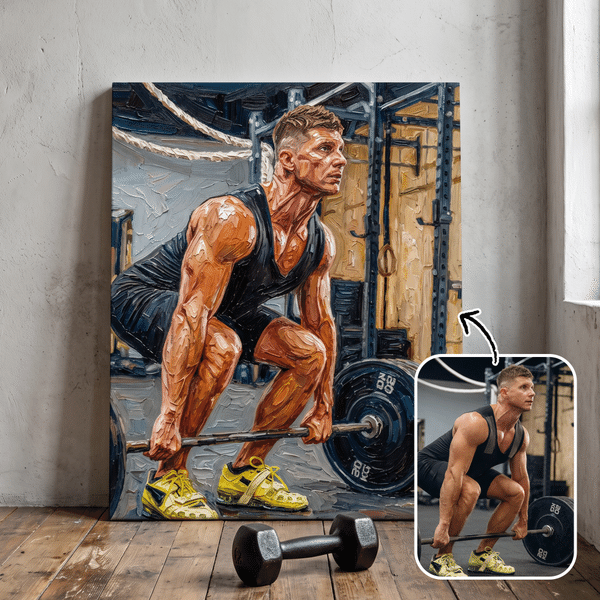 Personalised Oil Painting Style Weightlifting Photo Wooden Canvas Prints with Name Home Decor Ship from USA Gym Birthday Gift for Weightlifters