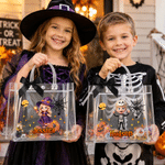 Personalized Halloween Theme Pumpkin Cartoon Character Photo Transparent Tote Bag with Name and Black Bow Halloween Party Gift for Kid