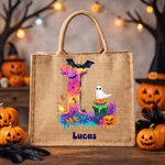 Personlig jute-tygväska med spök- och pumpamotiv, slitstark och rymlig, med namn och initialer – en perfekt ”trick or treat”-present till Halloween-entusiaster