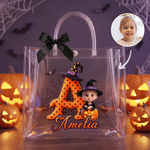 Personalized Halloween Witch Pumpkin Cartoon Kid Photo Transparent Bag with Name Holiday Party Birthday Gift for Boys Girls