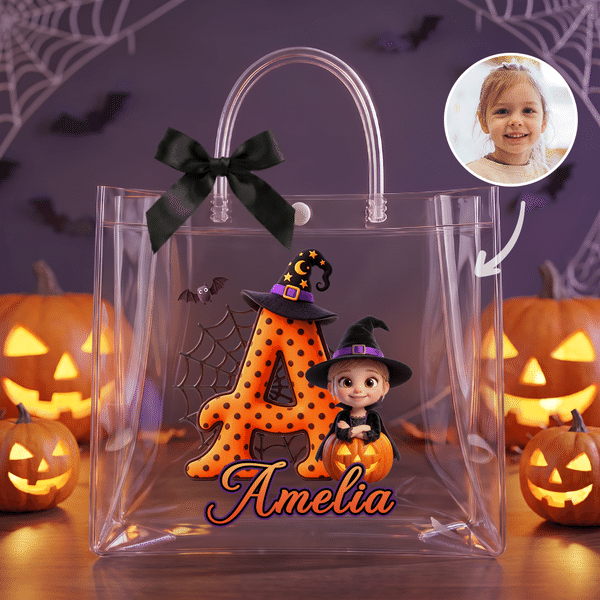 Personalized Halloween Witch Pumpkin Cartoon Kid Photo Transparent Bag with Name Holiday Party Birthday Gift for Boys Girls