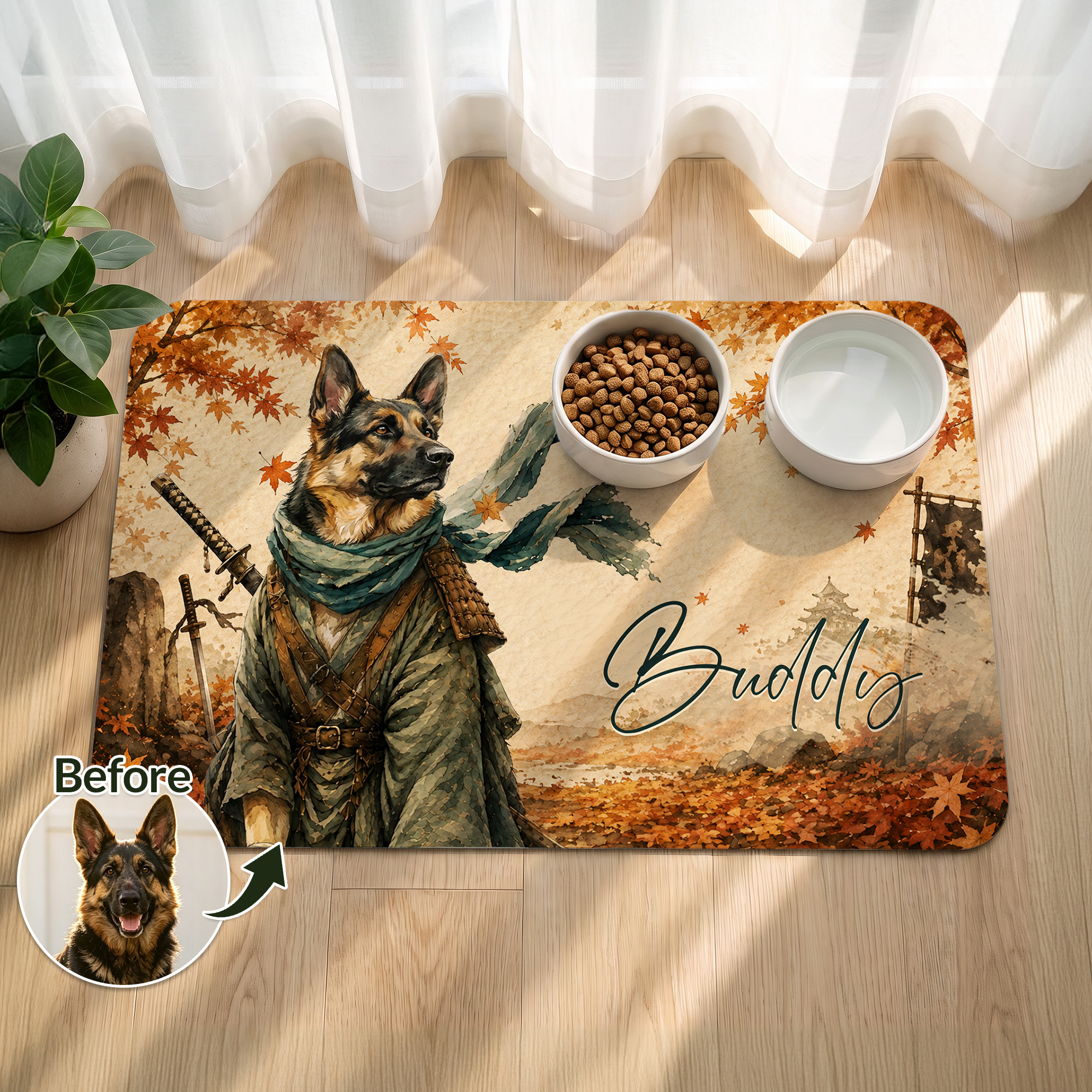 Individuell gestaltete Futterunterlage mit Aquarell-Samurai-Motiv und Foto des Haustiers sowie Namen – für den täglichen Gebrauch, als Geburtstagsgeschenk für Tierhalter und Tierliebhaber