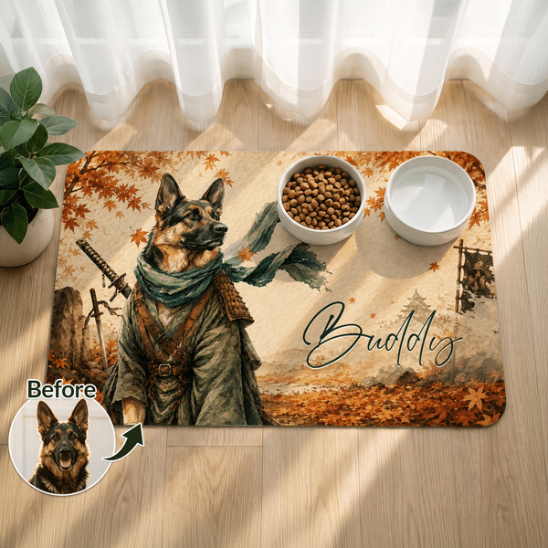 Personalized Watercolor Samurai Pet Photo Food Mat with Name Daily Use Birthday Gift for Pet Owners Lovers