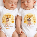 Personalized 3D-Style Artwork Happy First Mid-Autumn Festival 100% Cotton Baby Bodysuit with Name and Photo Festival Baby Shower Gift for New Parents