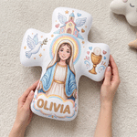 Personalised the Virgin and Child Christian Cross Shaped Soft Cushion with Name Home Decor Birthday Gift for Kids