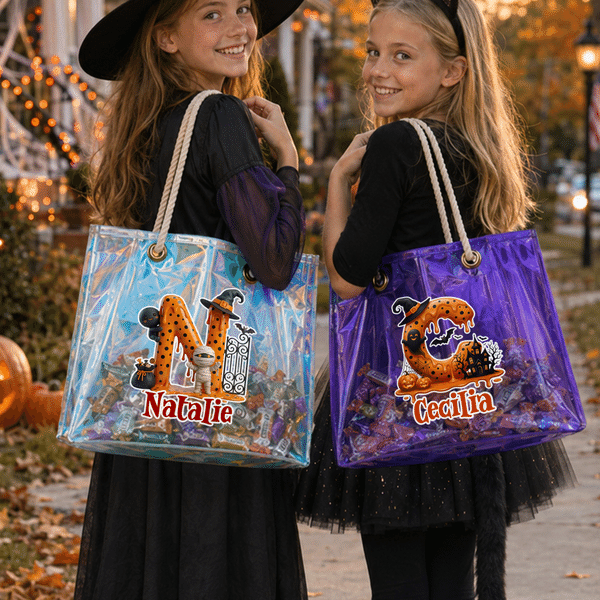 Personalized Halloween Theme Initial Holographic Clear Tote Bag with Name Trick or Treat Halloween Party Gift for Boys Girls