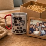 Personalized Hooked on Being Papa Fishing 10 oz Outdoor Carabiner Mug with 1-12 Name Funny Birthday gift for Grandpa Dad
