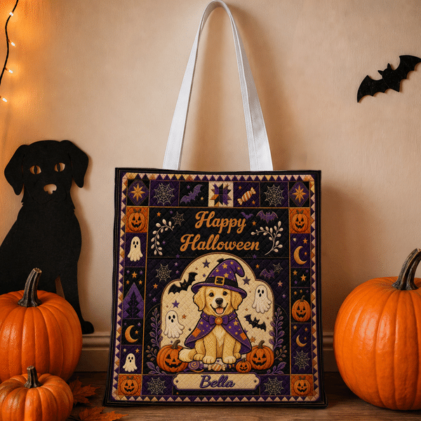 Personalised Retro Farmhouse Halloween Cartoon Pet Photo Design Tote Bag with Name and Text Trick or Treat Halloween Gift for Pet Owner Lover