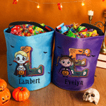 Spersonalizowana torba z motywem halloweenowym, z postaciami z kreskówek i lampką LED – prezent dla dzieci na Halloween z okazji zabawy „Cukierek albo psikus”