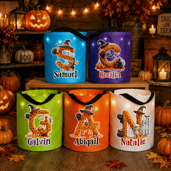 Personalised Halloween Elements Initial Design LED Light Sweets Bucket with Name Trick or Treat Halloween Party Gift for Girls Boys