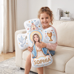 Personalised the Virgin and Child Christian Cross Shaped Soft Cushion with Name Home Decor Birthday Gift for Kids