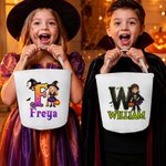 Personalised Cute Halloween Cartoon Boy Girl Canvas Bucket Bag with Name and Initial Halloween Party Gift for Kids