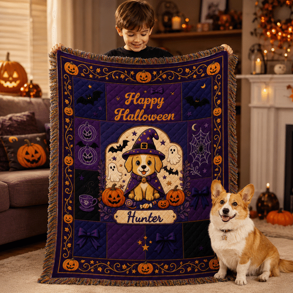 Personalised Retro Halloween Witch Hat Pet Photo Soft Tassel Blanket with Name Home Decor Halloween Party Gift for Pet Lover