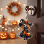 Henkilökohtainen 3D-efektillä varustettu akryylinen avaimenperä, jossa on sarjakuvamainen noitahahmo ja nimi – päivittäiseen käyttöön sopiva Halloween-lahja tytölle ”Trick or Treat” -aktiviteettiin