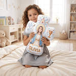 Personalised the Virgin and Child Christian Cross Shaped Soft Cushion with Name Home Decor Birthday Gift for Kids