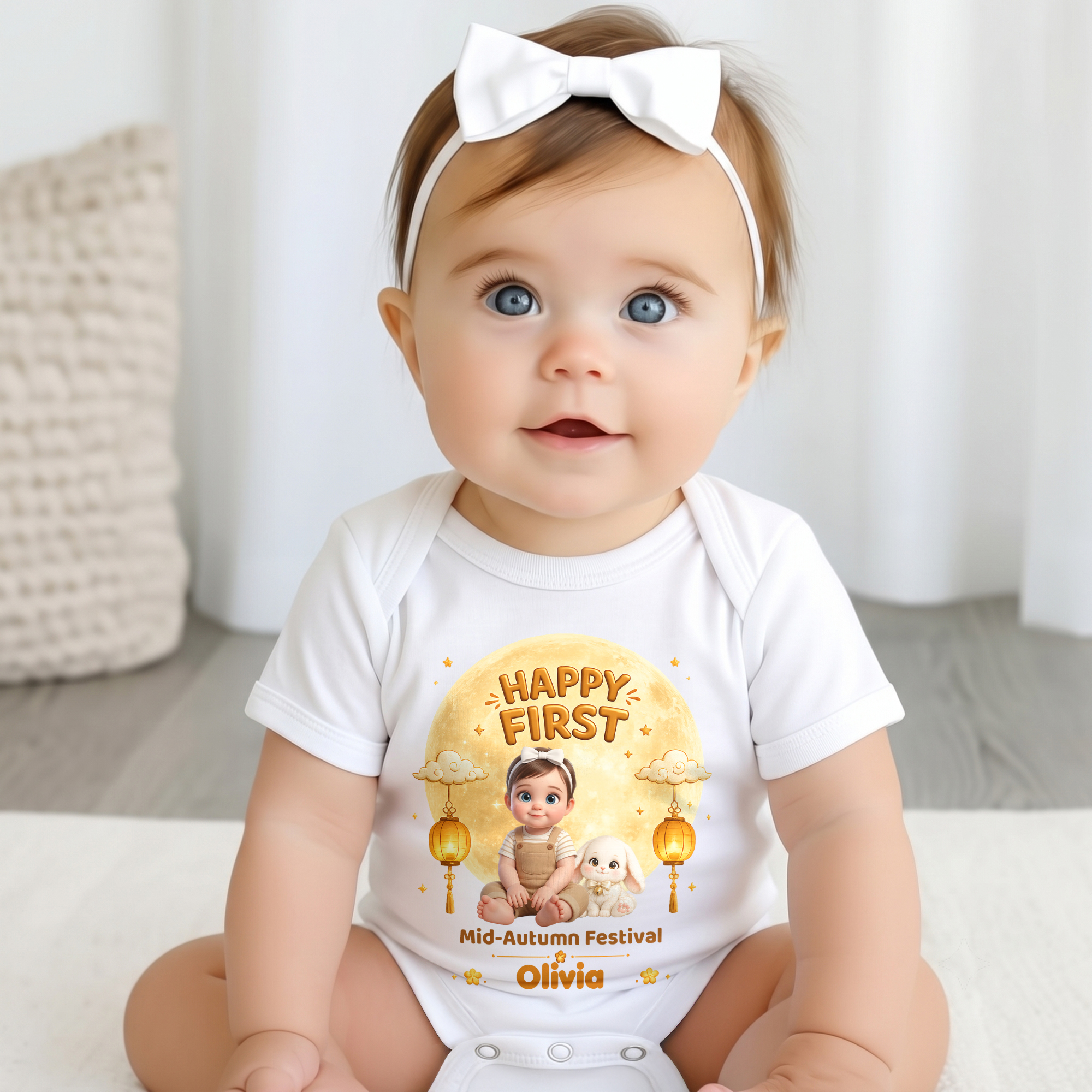Individuell gestalteter Body im 3D-Stil „Happy First Mid-Autumn Festival“ aus 100 % Baumwolle mit Namen und Foto – Festliches Baby-Shower-Geschenk für frischgebackene Eltern