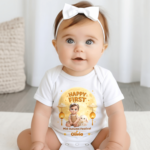 Personalized 3D-Style Artwork Happy First Mid-Autumn Festival 100% Cotton Baby Bodysuit with Name and Photo Festival Baby Shower Gift for New Parents