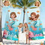 Personalized Mermaid Theme Cartoon Kid Photo Quick Dry Oversized Beach Towel with Name Summer Vacation Beach Party Birthday Gift for Kids