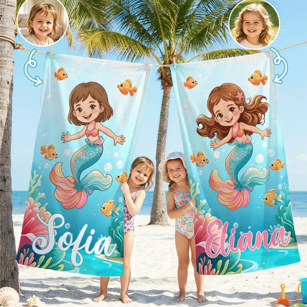 Personalized Mermaid Theme Cartoon Kid Photo Quick Dry Oversized Beach Towel with Name Summer Vacation Beach Party Birthday Gift for Kids