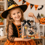 Personalized Halloween Theme Pumpkin Cartoon Character Photo Transparent Tote Bag with Name and Black Bow Halloween Party Gift for Kid
