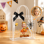Personalized Halloween Theme Pumpkin Cartoon Character Photo Transparent Tote Bag with Name and Black Bow Halloween Party Gift for Kid
