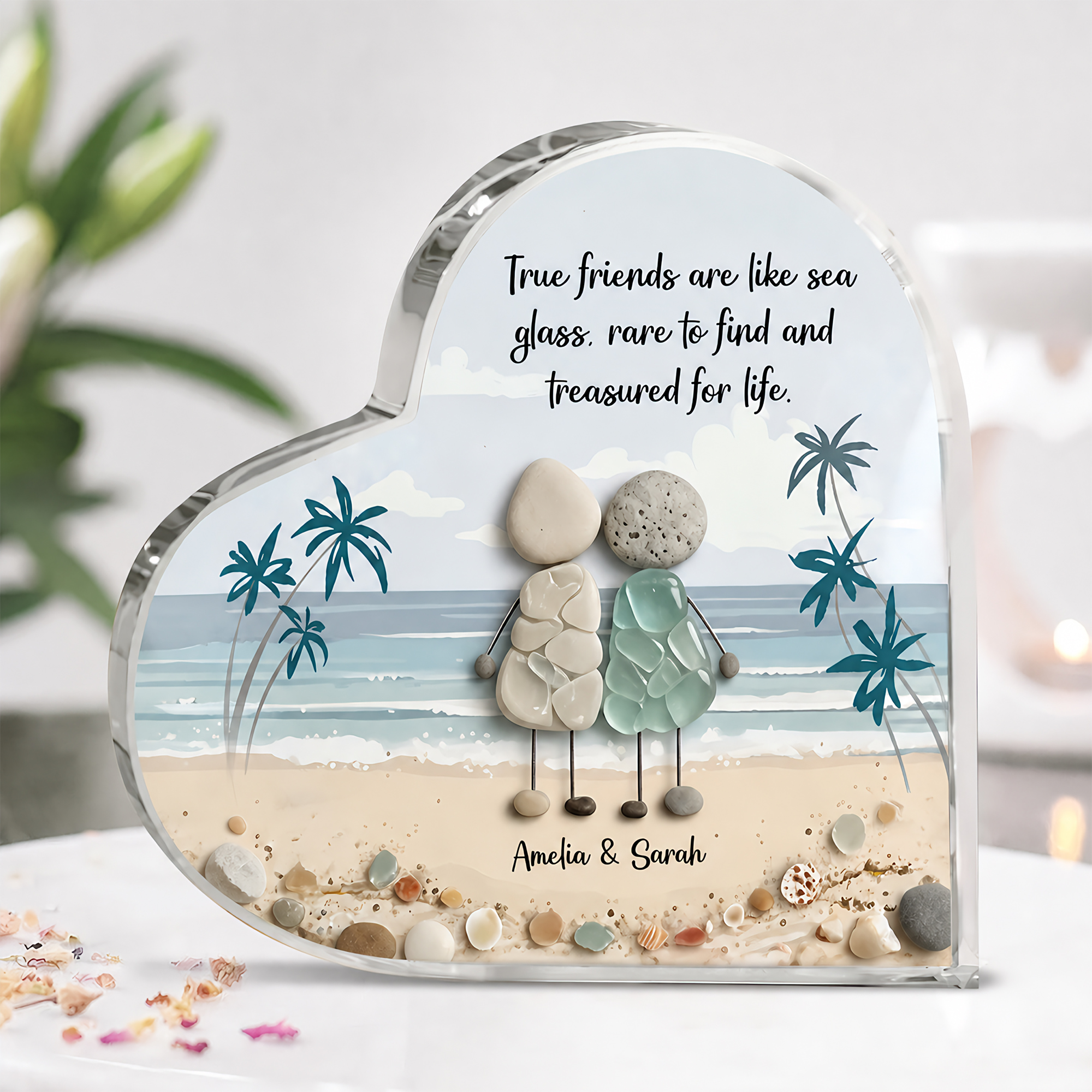 Personalisierte, von Seeglas inspirierte Strand-Freundschafts-Plakette aus Acryl in Herzform mit Text – Geburtstagsgeschenk für Schwestern, Freundinnen und beste Freundinnen