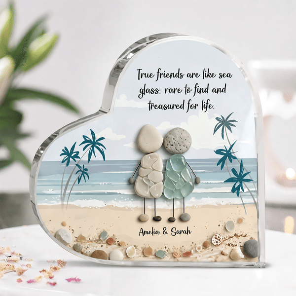 Personalized Sea Glass Inspired Beach Friendship Heart-Shaped Acrylic Plaque with Text Birthday Gift for Sisters Friends Bestie