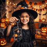 Henkilökohtainen 3D-efektillä varustettu akryylinen avaimenperä, jossa on sarjakuvamainen noitahahmo ja nimi – päivittäiseen käyttöön sopiva Halloween-lahja tytölle ”Trick or Treat” -aktiviteettiin