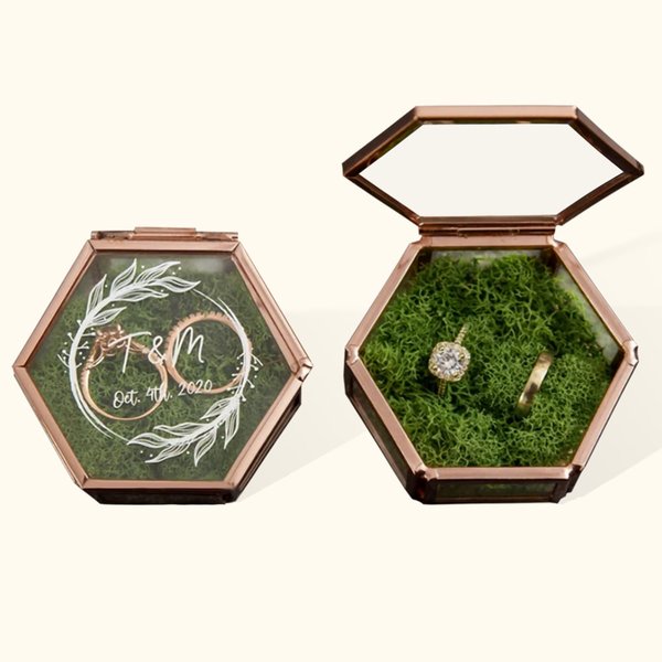 Personalised Hexagon Glass Ring Box with Text and Moss Decor Wedding Engagement Gift for Couple
