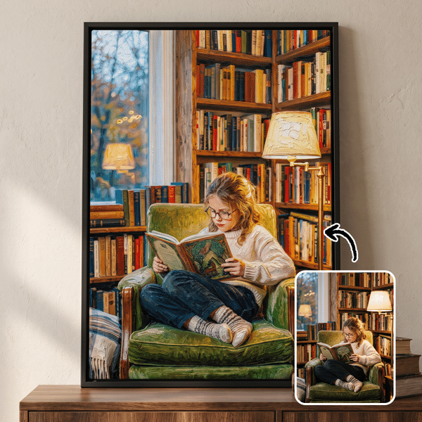 Personalized Oil Painting Style Reading Character Photo Canvas Prints with Text Home Wall Decor Ship from USA Birthday Housewarming Gift for Bookworms