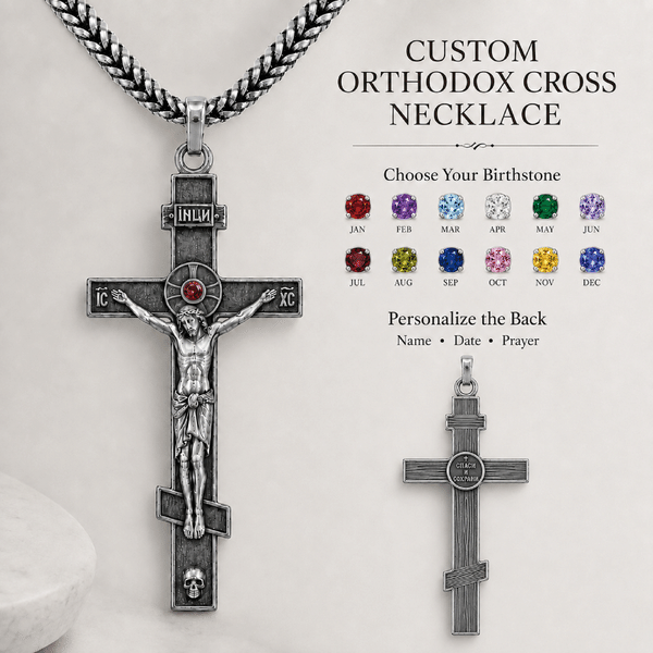 Personalized Orthodox Crucifix Necklace with Birthstone & Text, Faith Keepsake Jewelry, Wear Devotional Accessory, Christian Gift for Dad/Husband