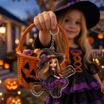 Henkilökohtainen 3D-efektillä varustettu akryylinen avaimenperä, jossa on sarjakuvamainen noitahahmo ja nimi – päivittäiseen käyttöön sopiva Halloween-lahja tytölle ”Trick or Treat” -aktiviteettiin