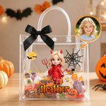 Personalized Halloween Theme Pumpkin Cartoon Character Photo Transparent Tote Bag with Name and Black Bow Halloween Party Gift for Kid