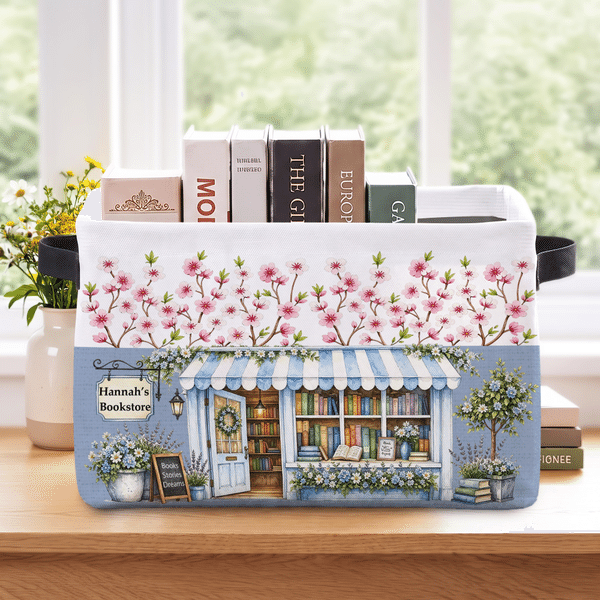 Personalized Birth Flower Bookstore Large Capacity Storage Basket with Name and Handle Daily Use Birthday Gift for Bookworms Book Lovers