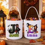 Personalised Cute Halloween Cartoon Boy Girl Canvas Bucket Bag with Name and Initial Halloween Party Gift for Kids