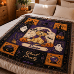 Personalised Retro Halloween Witch Hat Pet Photo Soft Tassel Blanket with Name Home Decor Halloween Party Gift for Pet Lover