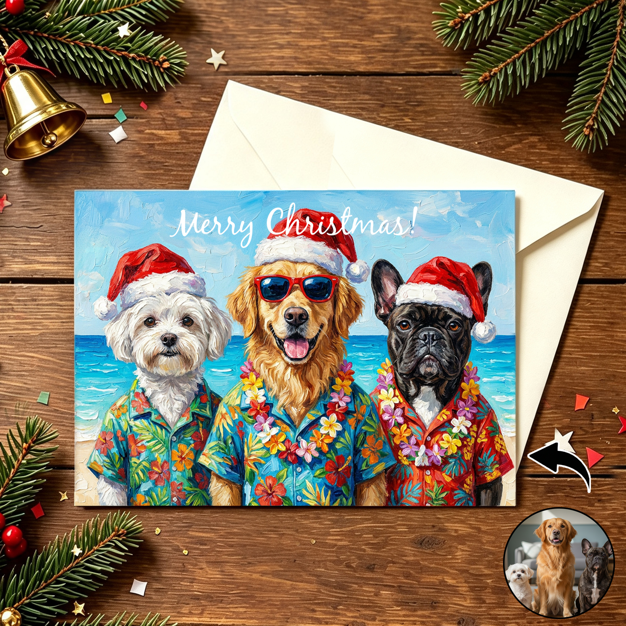Personalisierte, faltbare, flache Grußkarte im Ölgemälde-Stil mit Haustierfoto und Text – Weihnachts- und Neujahrsgeschenk für Familie, Freunde und Haustierbesitzer