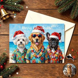 Personalized Oil Painting Style Pet Photo Foldable Flat Greeting Card with Text Christmas Holiday New Year Gift for Family Friends Pet Owners