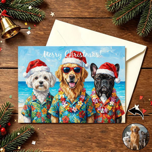 Personalized Oil Painting Style Pet Photo Foldable Flat Greeting Card with Text Christmas Holiday New Year Gift for Family Friends Pet Owners
