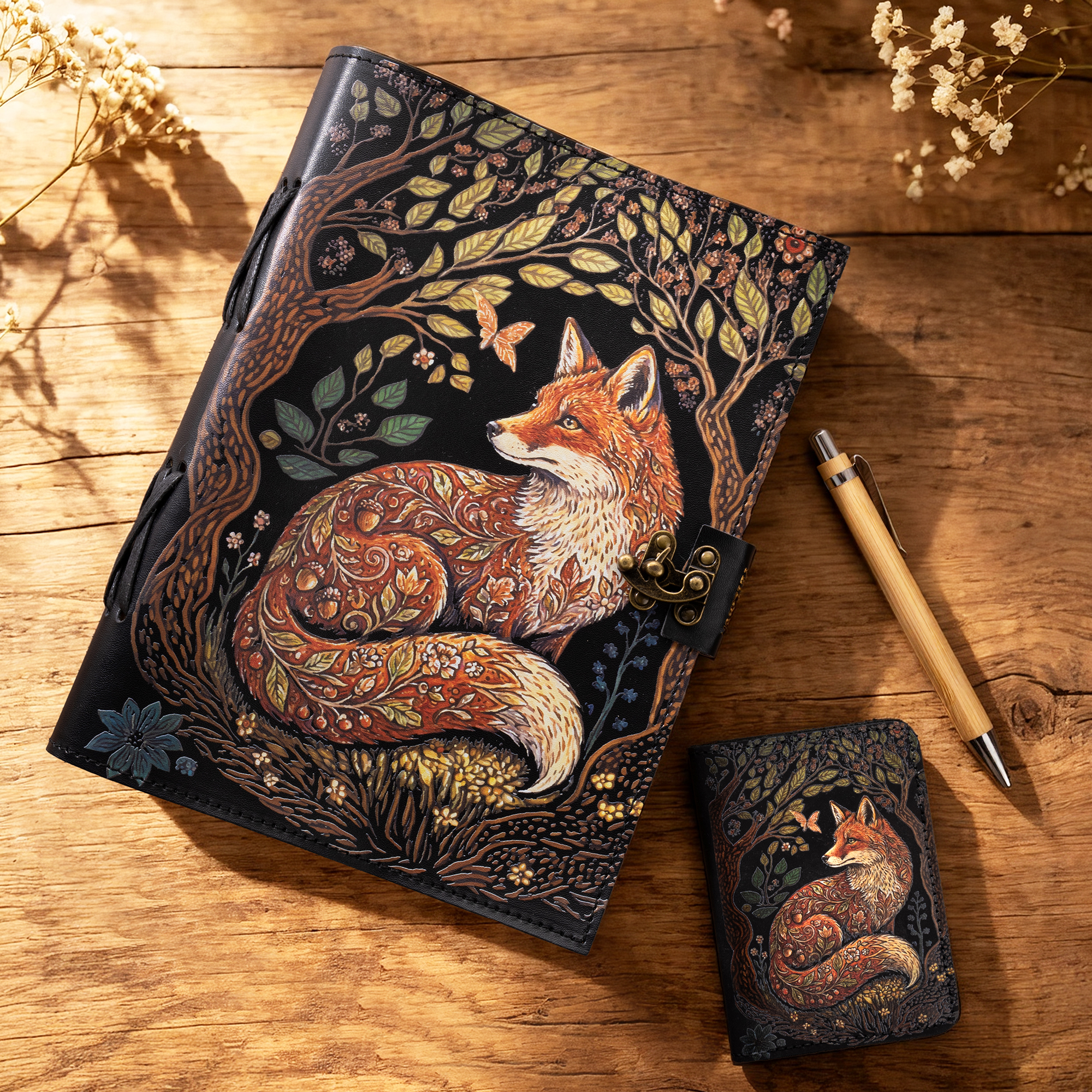 Personalisiertes „Forest Fox“-Hexengrimoire aus PU-Leder: Notizbuch, Notizkarten-Set, Stiftset mit Schloss, individueller Aufdruck, 300 Seiten aus Kraftpapier, Retro-Tagebuch, Geschenk