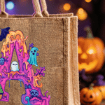 Personlig jute-tygväska med spök- och pumpamotiv, slitstark och rymlig, med namn och initialer – en perfekt ”trick or treat”-present till Halloween-entusiaster