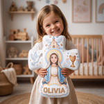 Personalised the Virgin and Child Christian Cross Shaped Soft Cushion with Name Home Decor Birthday Gift for Kids