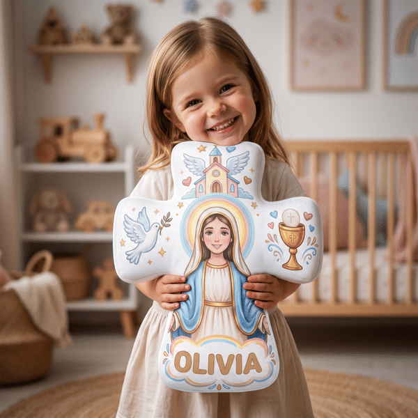 Personalised the Virgin and Child Christian Cross Shaped Soft Cushion with Name Home Decor Birthday Gift for Kids