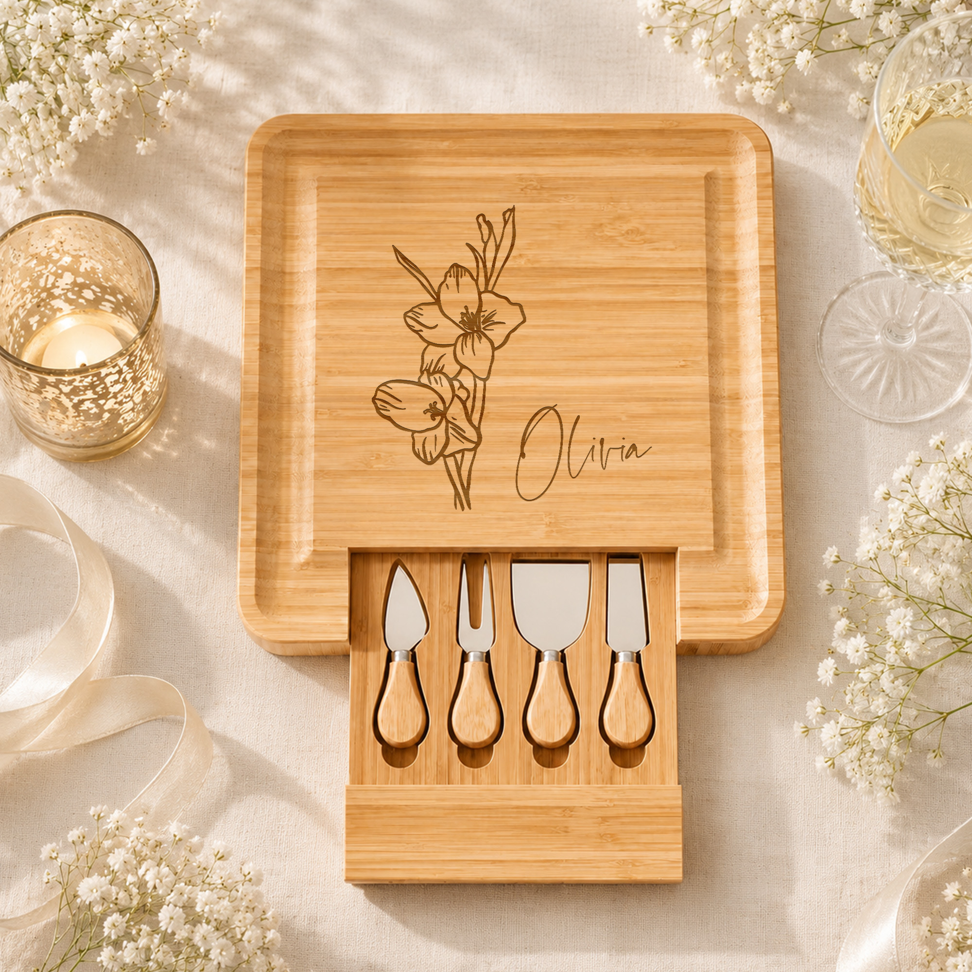 Personalisiertes Bambus-Schneidebrett-Set mit Geburtsblume und Namen – Geschenk zur Verlobung, zum Hochzeitstag oder zur Einweihungsfeier für die Familie, die Gastgeberin oder die Braut