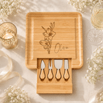 Personalised Birth Flower Bamboo Chopping Board Set with Name Engagement Anniversary Housewarming Gift for Family Hostess Bride