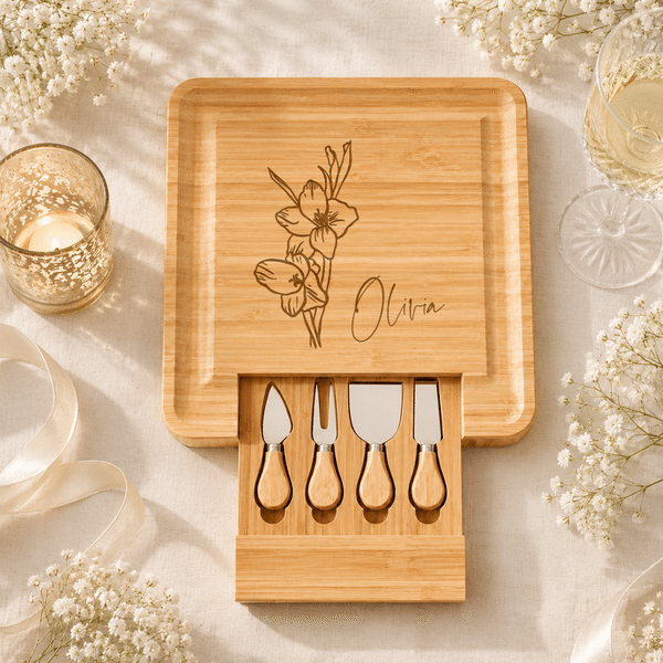 Personalised Birth Flower Bamboo Chopping Board Set with Name Engagement Anniversary Housewarming Gift for Family Hostess Bride