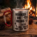 Personalized Hooked on Being Papa Fishing 10 oz Outdoor Carabiner Mug with 1-12 Name Funny Birthday gift for Grandpa Dad